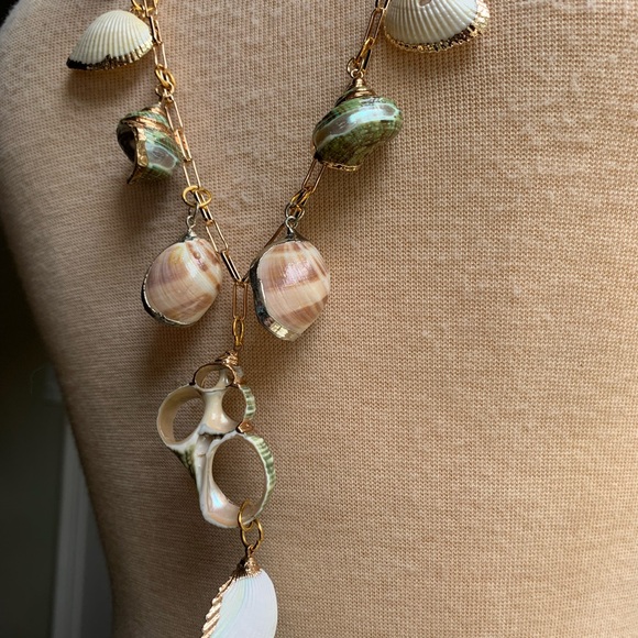 Sweet Olive Necklace of Natural Shell Charms on Gold Paperclip Chain - Picture 3 of 7